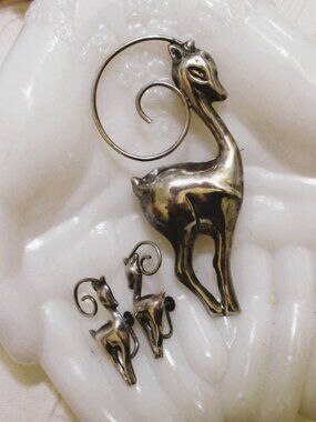 ART DECO Sterling Silver Gazelle Brooch Earrings Set- VINTAGE 925 Made in Mexico
